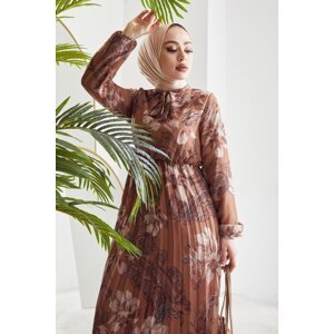 InStyle Serena Flower Pattern Pleated Chiffon Hijab Dress - Tan