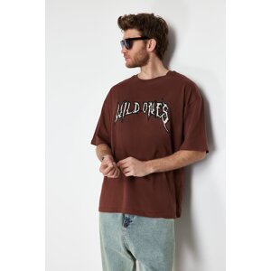 Trendyol Brown Oversize Custom Embroidered 100% Cotton T-Shirt