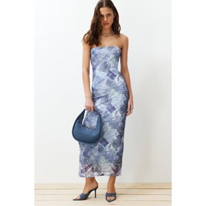 Trendyol Blue Strapless Collar Lace Printed Knitted Midi Dress