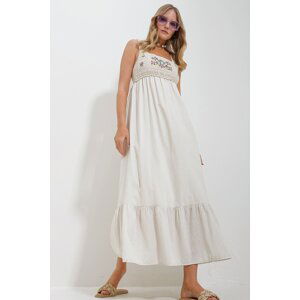 Trend Alaçatı Stili Women's Beige Strappy Crochet Embroidered Inner Lined Maxi Length Dress