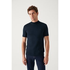 Avva Men's Navy Blue Half Turtleneck Cotton Short Sleeve Standard Fit Normal Cut Knitwear Sweater