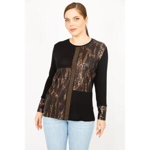 Şans Women's Black Plus Size Stone And Print Detail Long Sleeve Blouse