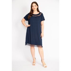 Şans Women's Navy Blue Large Size Collar and Skirt Tip Tulle Detailed Elastic Collar Dress