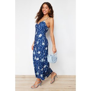 Trendyol Navy Blue Floral A-Line/A-Line Form Back Detailed Flexible Knitted Maxi Dress