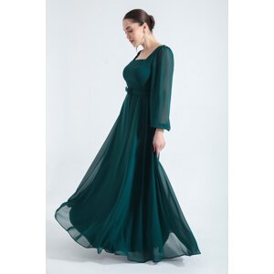 Lafaba Women's Emerald Green Square Neck Long Chiffon Evening Dress