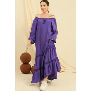 By Saygı Lace Detailed Long Sleeve Oversize Viscose Dress with Collar Laced