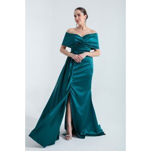 Lafaba Women's Emerald Green Boat Neck Slit Long Evening Dress
