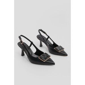 Marjin Women's Stiletto Scarf Pointed Toe Thin Heel Buckled Heel Shoes Arsim Black