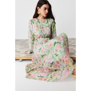 Trendyol Light Green Floral Sash Detailed Lined Pleated Chiffon Woven Dress