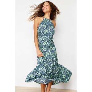 Trendyol Green Printed Skater/Waist Halter Neck Ribbed Stretchy Knitted Maxi Dress