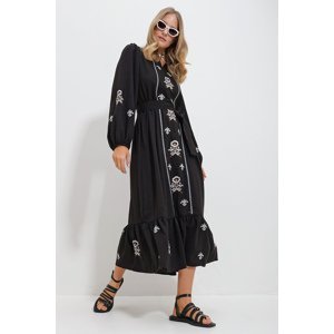 Trend Alaçatı Stili Women's Black Slit Neck Belted Embroidered Inner Lined Length Dress