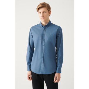 Avva Men's Indigo Button Collar Basic 100% Cotton Slim Fit Shirt