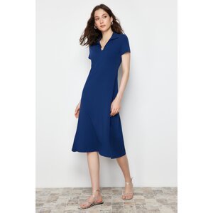 Trendyol Navy Blue Polo Neck Skater/Waist Opening Cotton Stretchy Knitted Midi Dress