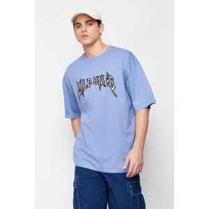Trendyol Blue Men's Oversize Custom Embroidered 100% Cotton T-Shirt