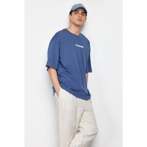 Trendyol Indigo Oversize Text Printed 100% Cotton T-Shirt