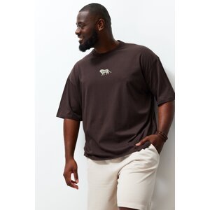 Trendyol Plus Size Dark Brown Men's Oversize Animal Print Embroidered 100% Cotton T-Shirt