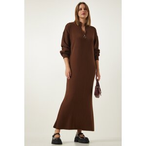 Happiness İstanbul Women's Brown Zipper Collar Ribbed Long Knitwear Dress