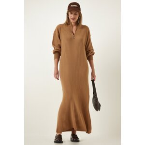 Happiness İstanbul Women's Biscuit Zipper Collar Ribbed Long Knitwear Dress