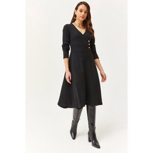 Olalook Women's Black Button Detailed Double Breasted Midi A-Line Dress