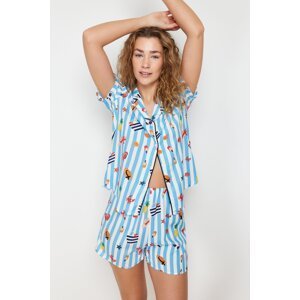 Trendyol Blue-Multicolor Printed Viscose Woven Pajamas Set with Piping Detail