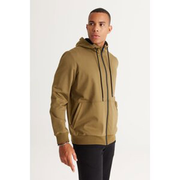 ALTINYILDIZ CLASSICS Men's Khaki Standard Fit Regular Fit Hooded Zipper Sweatshirt Jacket