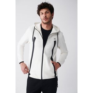 Avva Men's Ecru Interlock Fabric Hooded Collar Zipper Printed Regular Fit Sweatshirt