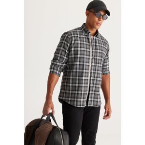 ALTINYILDIZ CLASSICS Men's Anthracite-Grey Comfort Fit Relaxed Cut Buttoned Collar Cotton Checkered Shirt