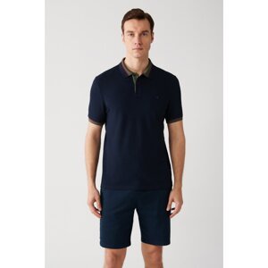 Avva Men's Navy Blue Collar Striped 100% Cotton Standard Fit Regular Cut 2-Button Polo Collar T-shirt