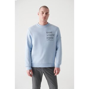 Avva Men's Light Blue Crew Neck Printed 3 Thread Fleece Standard Fit Regular Cut Sweatshirt