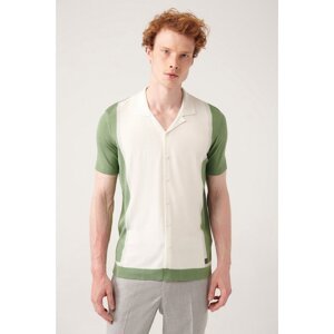 Avva Men's Aqua Green Cuban Collar Color Blocked Standard Fit Regular Cut Buttoned Knitwear T-shirt