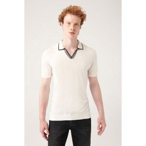 Avva Men's White Unbuttoned Polo Neck Paw Stripe Detailed Ribbed Regular Fit Knitwear T-shirt