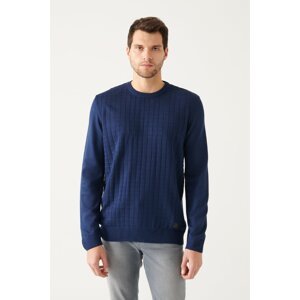 Avva Men's Dark Navy Blue Crew Neck Front Textured Standard Fit Normal Cut Knitwear Sweater