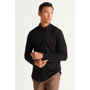 ALTINYILDIZ CLASSICS Men's Black Slim Fit Narrow Cut Button Collar Pique Patterned Knitted Shirt