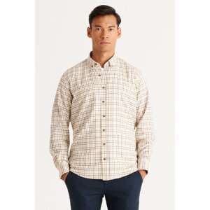 ALTINYILDIZ CLASSICS Men's Beige Comfort Fit Relaxed Cut Button Collar Checked Cotton Shirt