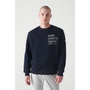 Avva Men's Navy Blue Crew Neck Printed 3 Thread Fleece Standard Fit Regular Cut Sweatshirt