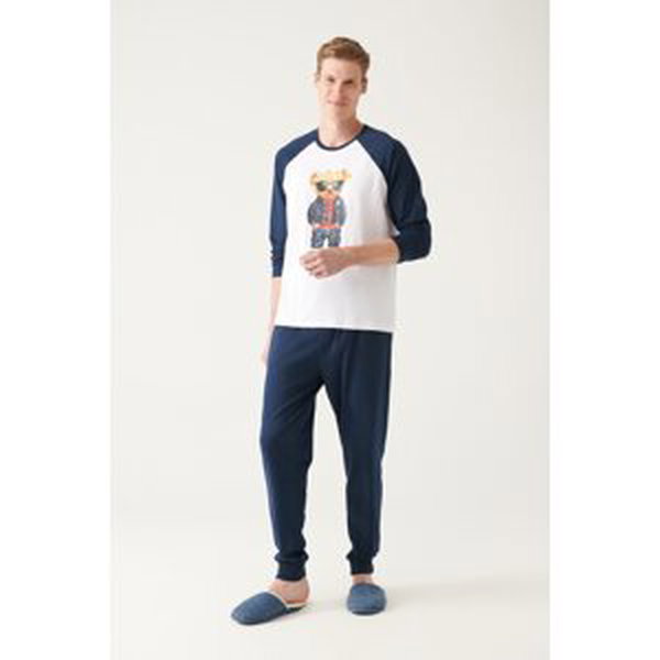 Avva Men's Navy Blue Crew Neck 100% Cotton With Special Boxes, Long Sleeves and Printed Pajamas Set