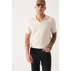 Avva Men's Beige Buttonless Polo Neck Knit Detailed Ribbed Standard Fit Regular Cut Knitwear T-shirt