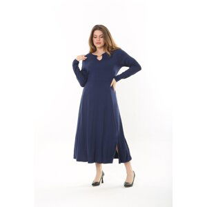 Şans Women's Plus Size Navy Blue Kiss Collar Long Sleeve Dress