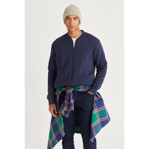 AC&Co / Altınyıldız Classics Men's Navy Blue Standard Fit Regular Cut Inner Fleece 3 Thread College Collar Cotton Sweatshirt Jacket