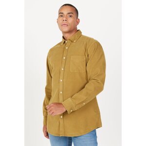 AC&Co / Altınyıldız Classics Men's Oil Green Comfort Fit Wide-Fit Buttoned Collar Velvet Shirt