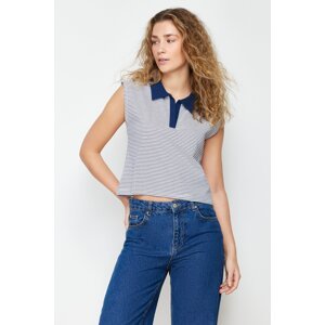 Trendyol Navy Blue Striped Polo Neck Regular/Normal Pattern Knitted T-Shirt