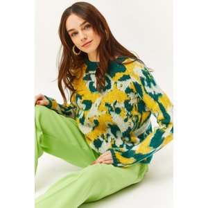 Olalook Women's Yellow-Green Patterned Soft Textured Knitwear Sweater