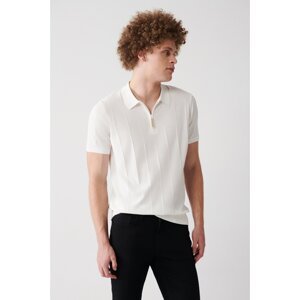 Avva Men's White Polo Neck Zipper Ribbed Knit Detailed Ribbed Slim Fit Slim Fit Knitwear T-shirt