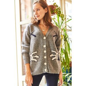Olalook Women's Gray V-Neck Jacquard Soft Textured Knitwear Cardigan