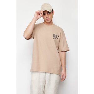 Trendyol Beige Men's Oversize/Wide Cut Fluffy Text Printed Labeled Textured Waffle Short Sleeve T-Shirt