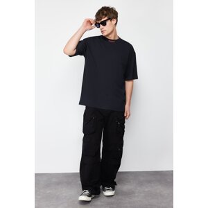 Trendyol Black Oversize Text Printed 100% Cotton Thick T-Shirt