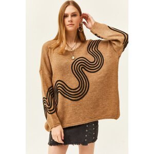 Olalook Women's Wave Camel Evening V-Neck Soft Textured Knitwear Sweater