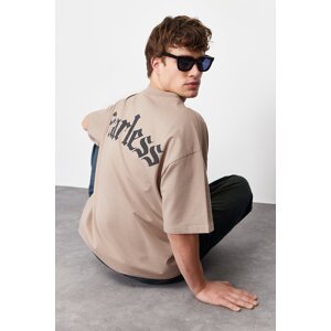 Trendyol Mink Oversize Text Printed Thick 100% Cotton T-Shirt