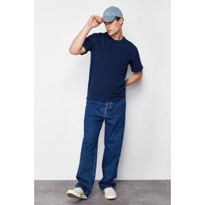Trendyol Navy Blue Men's Relaxed/Comfortable Cut 100% Cotton Textured T-Shirt
