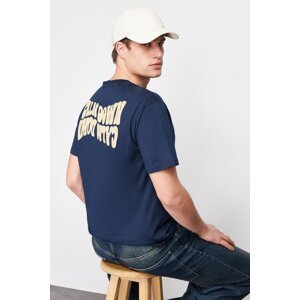 Trendyol Navy Blue Relaxed/Comfortable Fit Raised Text Printed Back 100% Cotton T-shirt
